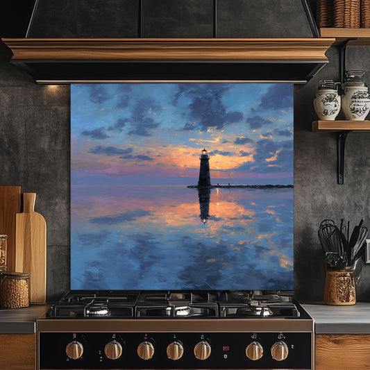 Calm Sunset Lighthouse Tempered Glass Backsplash - Coastal Nautical Stove Wall Protector - Ocean Splashback Kitchen Art