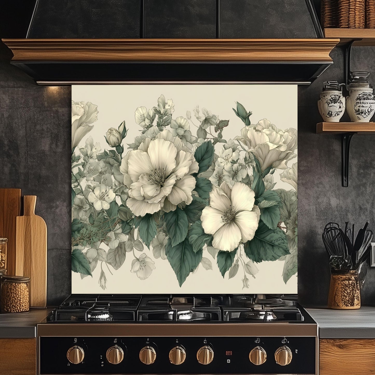 Ivory Floral Kitchen Backsplash, UV Printed Tempered Glass Wall Art, Custom Size Design