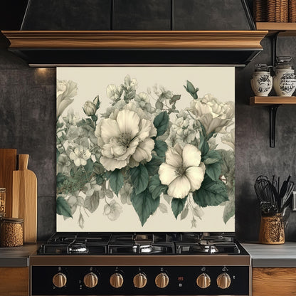 Ivory Floral Kitchen Backsplash, UV Printed Tempered Glass Wall Art, Custom Size Design