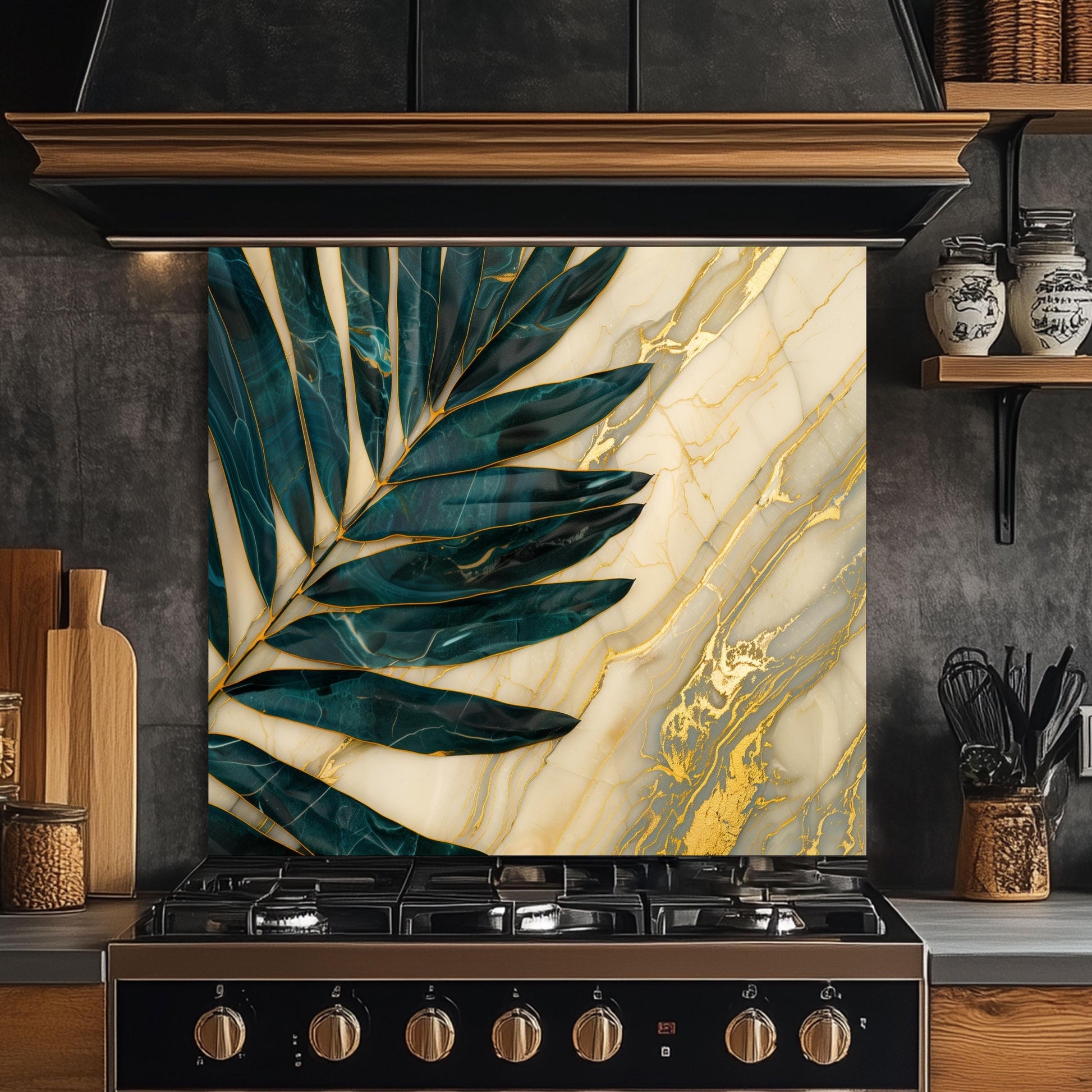 Green Palm Leaf Marble Glass Backsplash, Tropical Tempered Glass Art, Custom Size Design