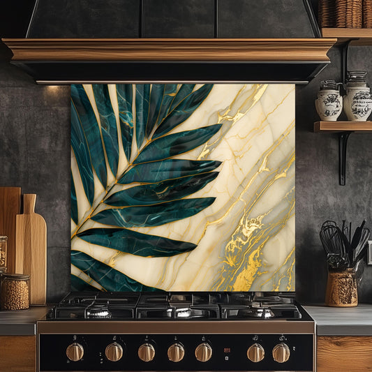 Green Palm Leaf Marble Glass Backsplash, Tropical Tempered Glass Art, Custom Size Design