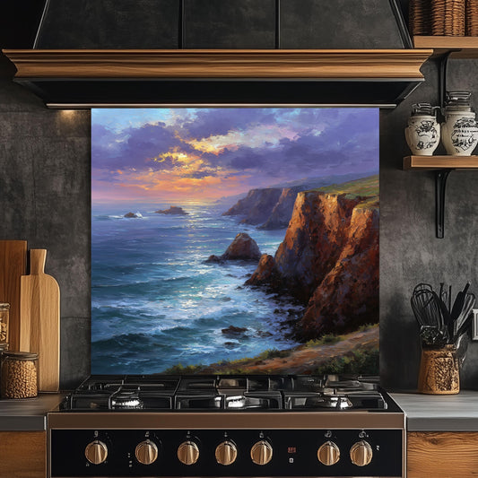 Coastal Cliff Ocean View Kitchen Backsplash, UV Printed Tempered Glass, Custom Size Design