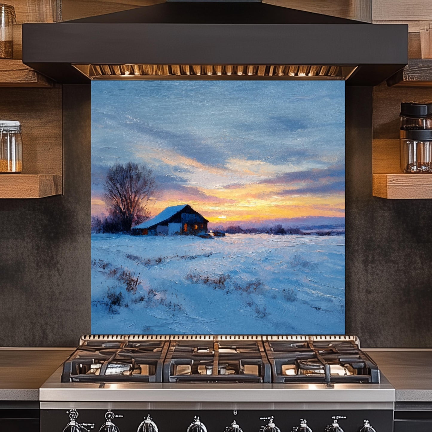 Winter Sunset Cabin Kitchen Backsplash - Tempered Glass Splashback for Stove - Snow Landscape Wall Panel -Glass Backsplash