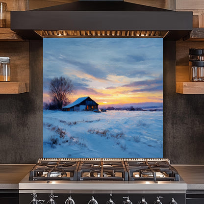 Winter Sunset Cabin Kitchen Backsplash - Tempered Glass Splashback for Stove - Snow Landscape Wall Panel -Glass Backsplash
