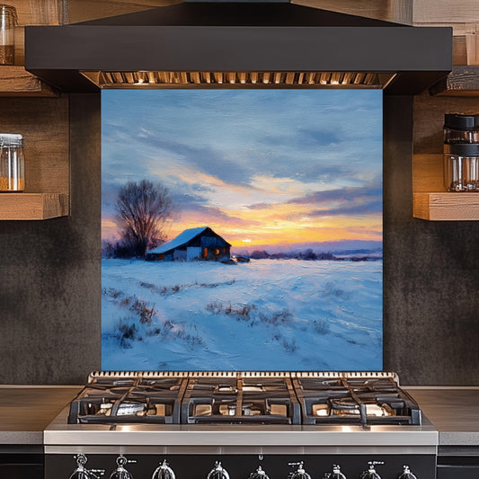 Winter Sunset Cabin Kitchen Backsplash - Tempered Glass Splashback for Stove - Snow Landscape Wall Panel -Glass Backsplash