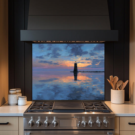 Calm Sunset Lighthouse Tempered Glass Backsplash - Coastal Nautical Stove Wall Protector - Ocean Splashback Kitchen Art
