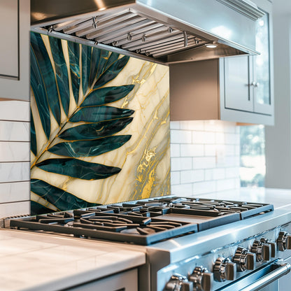 Green Palm Leaf Marble Glass Backsplash, Tropical Tempered Glass Art, Custom Size Design