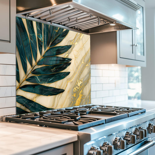 Green Palm Leaf Marble Glass Backsplash, Tropical Tempered Glass Art, Custom Size Design