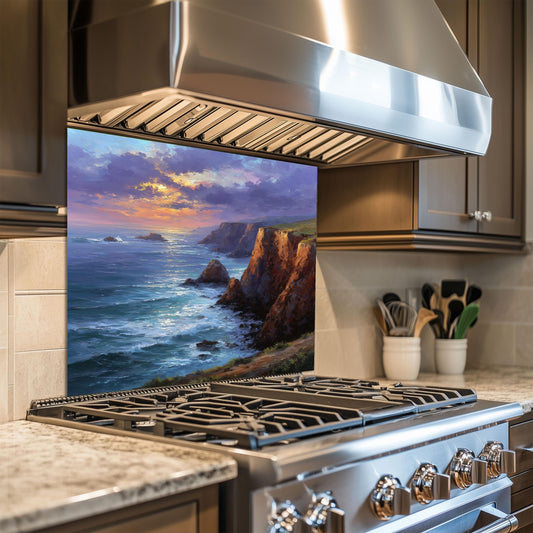 Coastal Cliff Ocean View Kitchen Backsplash, UV Printed Tempered Glass, Custom Size Design