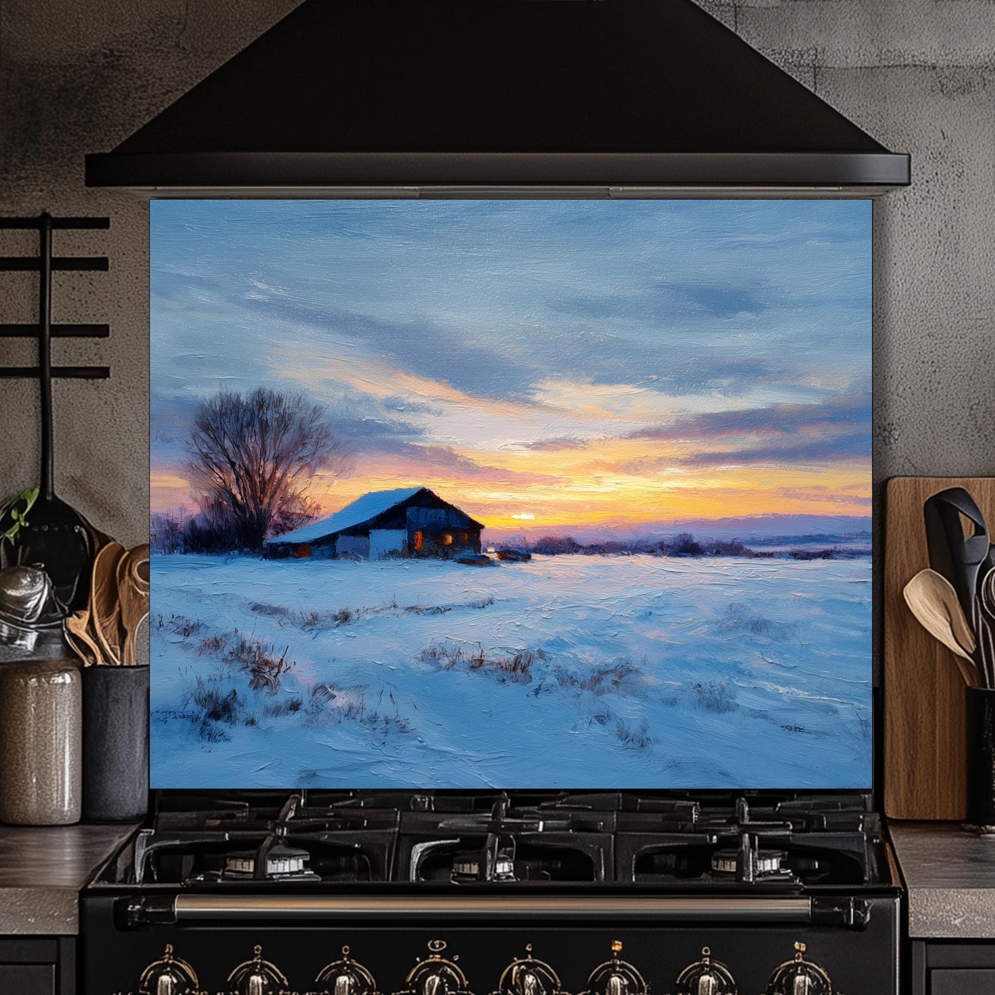 Winter Sunset Cabin Kitchen Backsplash - Tempered Glass Splashback for Stove - Snow Landscape Wall Panel -Glass Backsplash