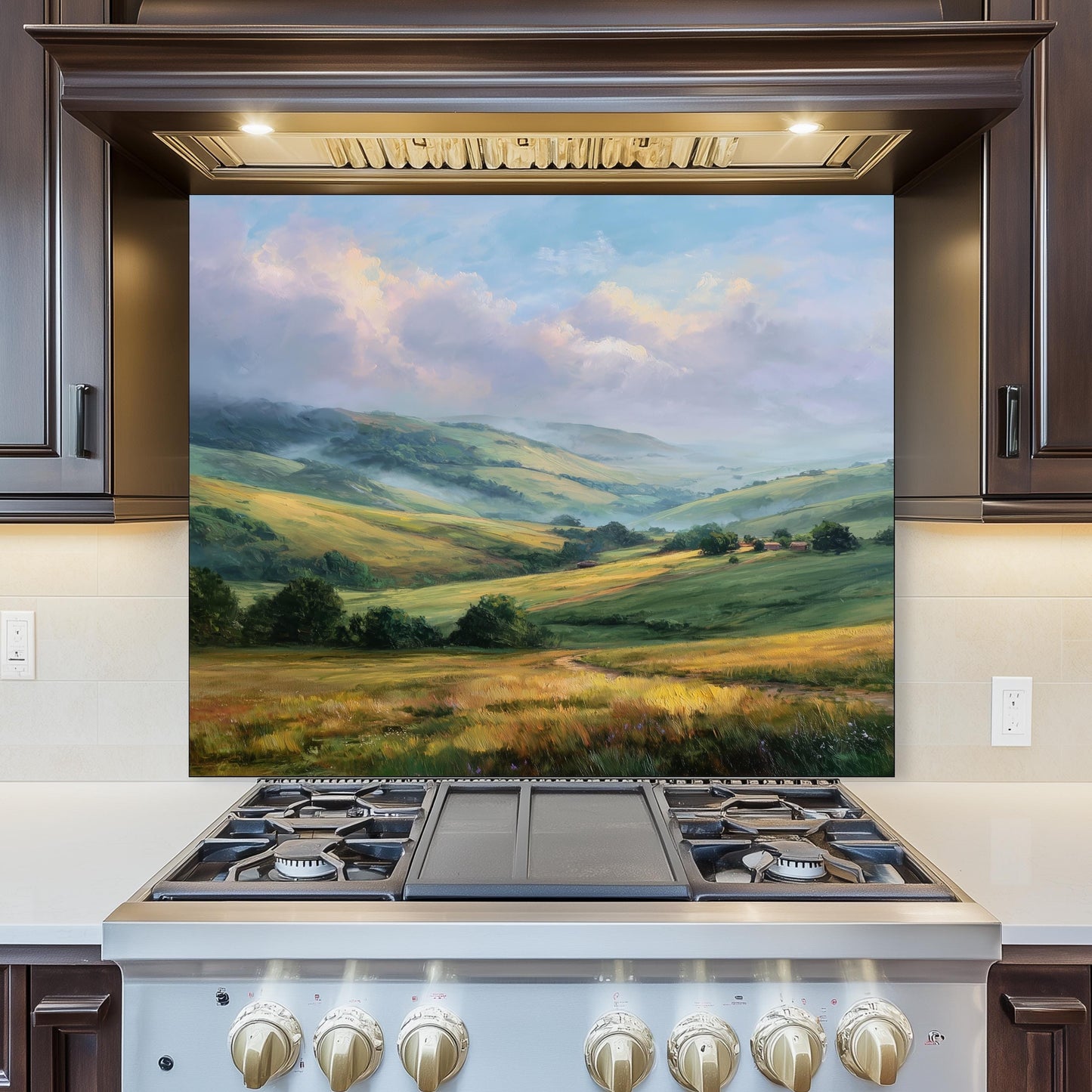 Rolling Green Hills Backsplash, Tempered Glass Kitchen Wall Art, Countryside Landscape Design