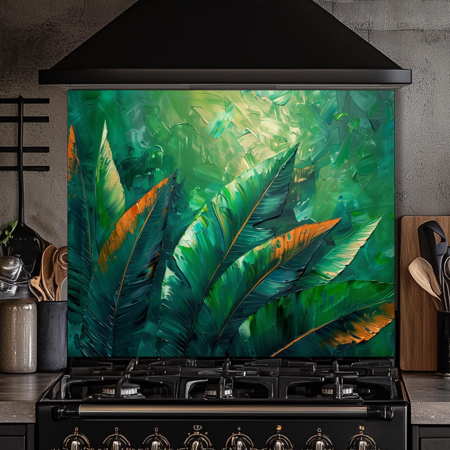 Tropical Jungle Leaf Kitchen Backsplash, UV Printed Tempered Glass Art, Custom Size Design
