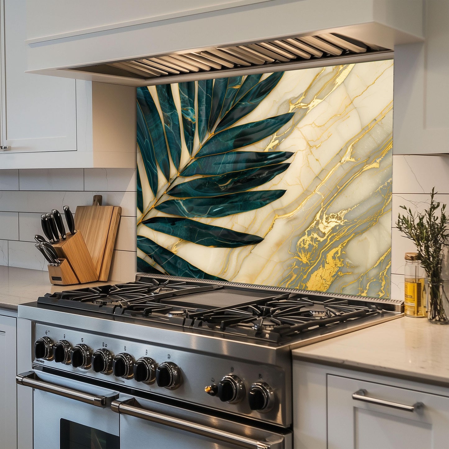 Green Palm Leaf Marble Glass Backsplash, Tropical Tempered Glass Art, Custom Size Design