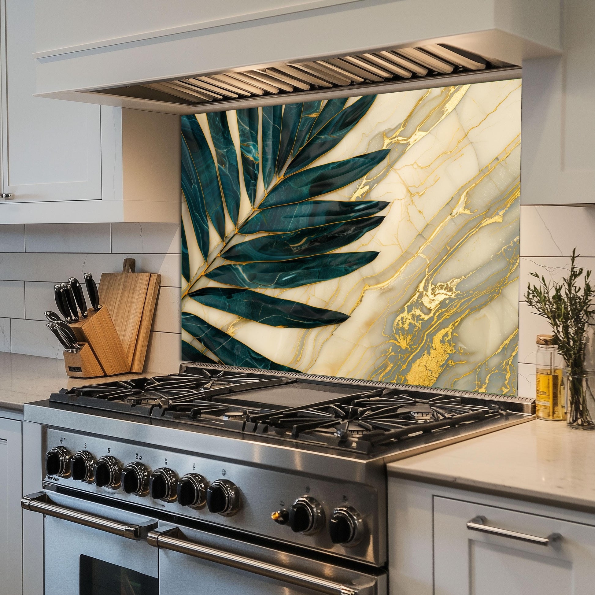 Green Palm Leaf Marble Glass Backsplash, Tropical Tempered Glass Art, Custom Size Design
