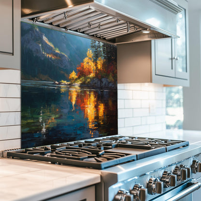 Autumn Lake Reflection Tempered Glass Backsplash - Colorful Forest Stove Panel