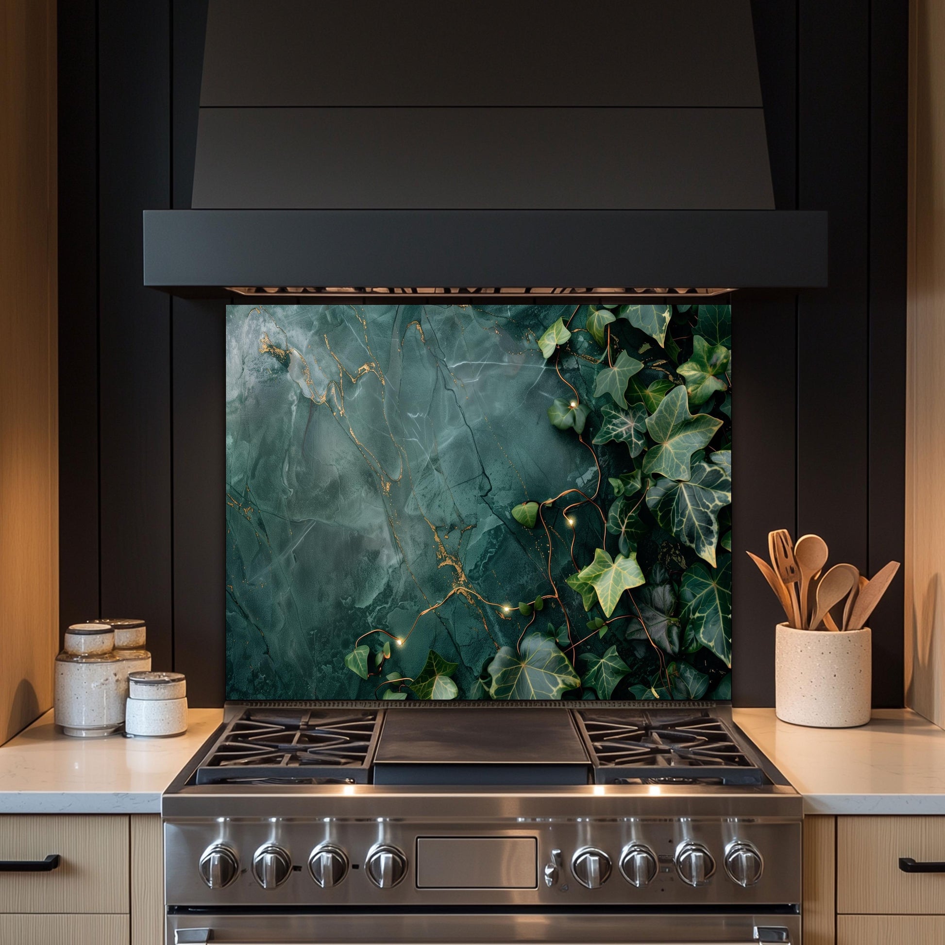 Emerald Green Marble ,Ivy Kitchen Backsplash – Tempered Glass Splashback with Gold Veins , Botanical Design