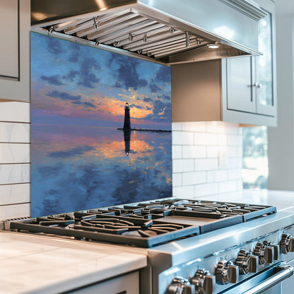 Calm Sunset Lighthouse Tempered Glass Backsplash - Coastal Nautical Stove Wall Protector - Ocean Splashback Kitchen Art