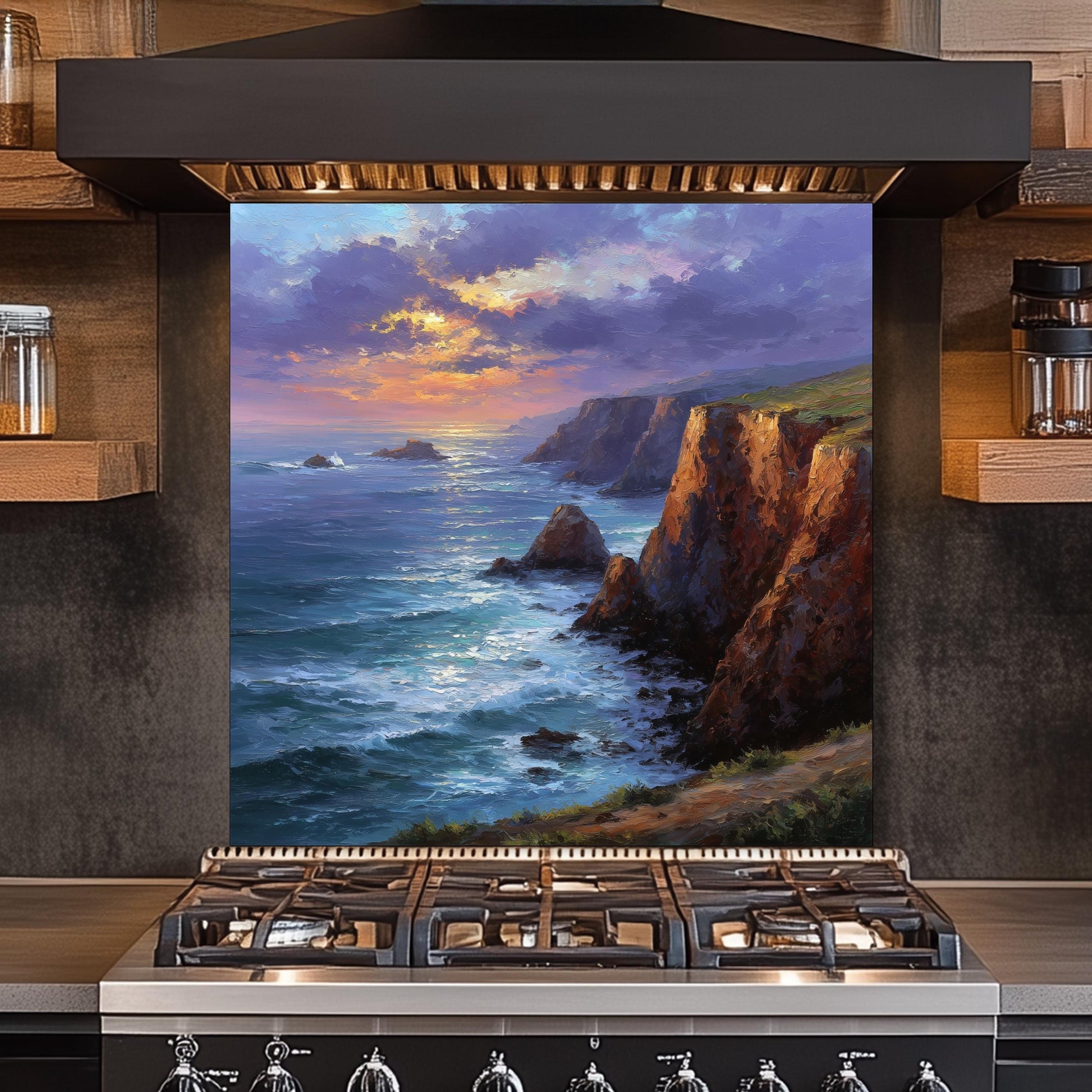 Coastal Cliff Ocean View Kitchen Backsplash, UV Printed Tempered Glass, Custom Size Design