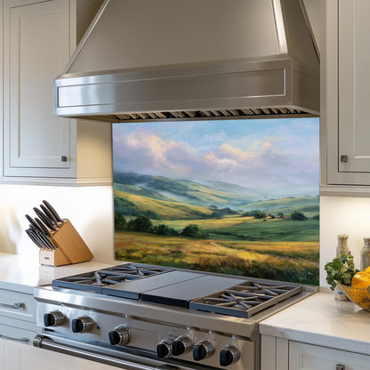 Rolling Green Hills Backsplash, Tempered Glass Kitchen Wall Art, Countryside Landscape Design