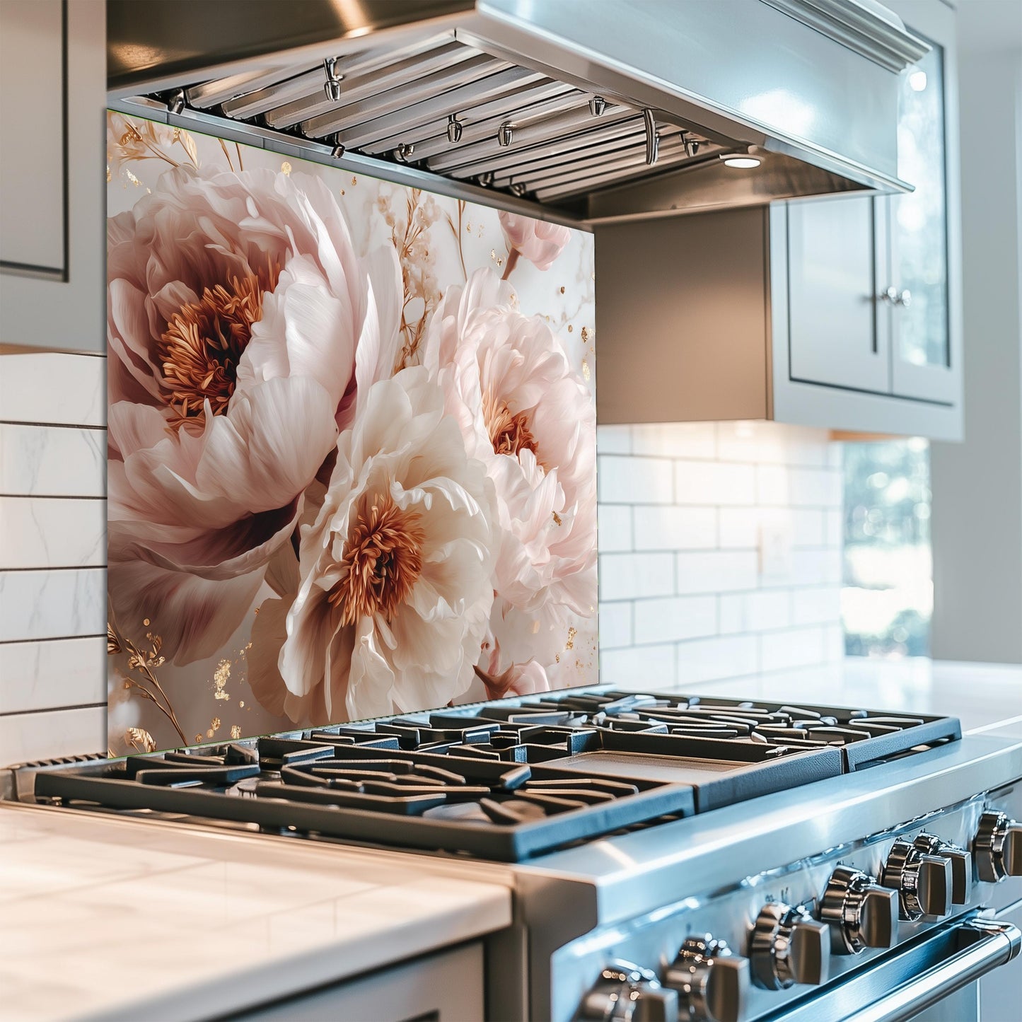 White Peony Floral Kitchen Backsplash, UV Printed Tempered Glass Art, Custom Size Design