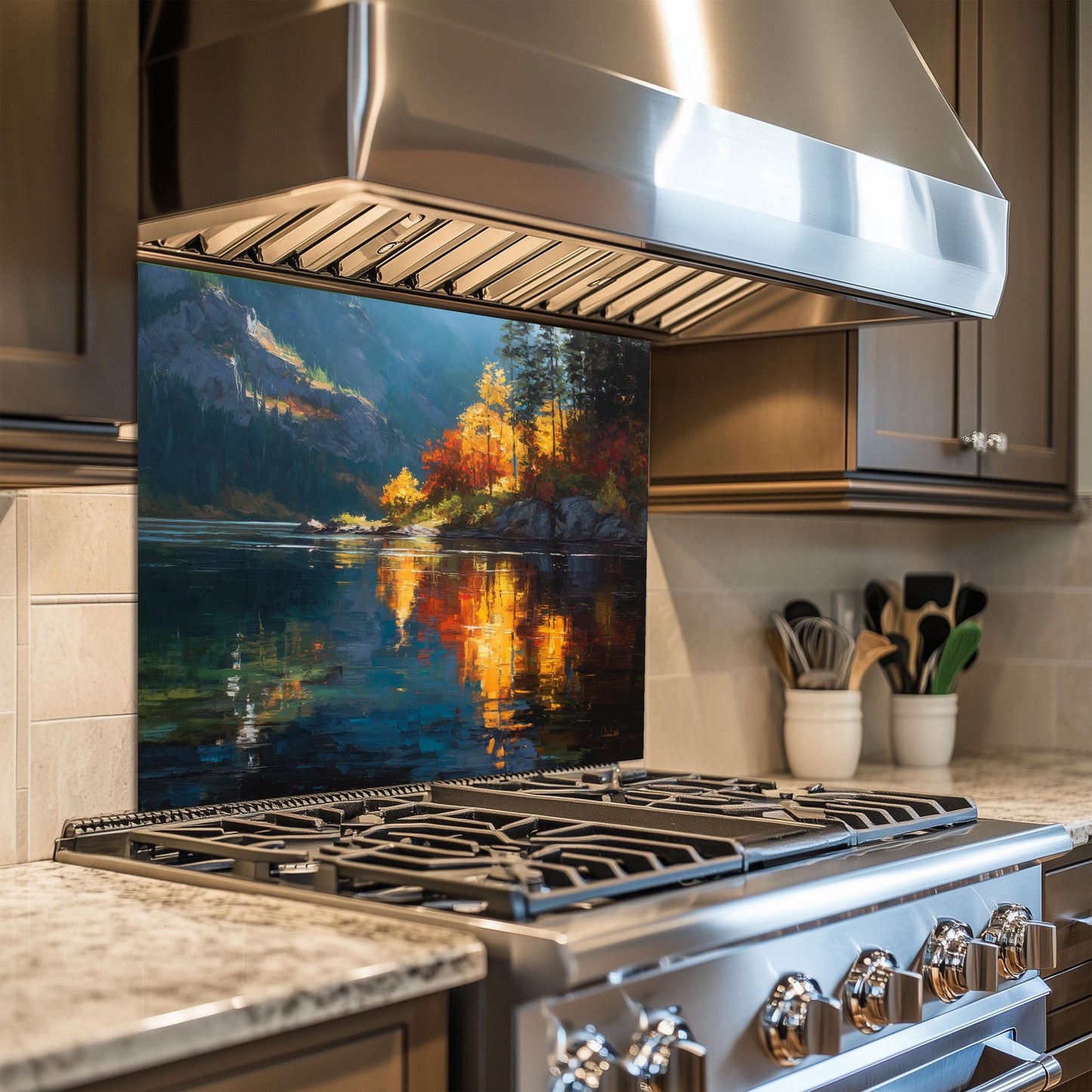 Autumn Lake Reflection Tempered Glass Backsplash - Colorful Forest Stove Panel