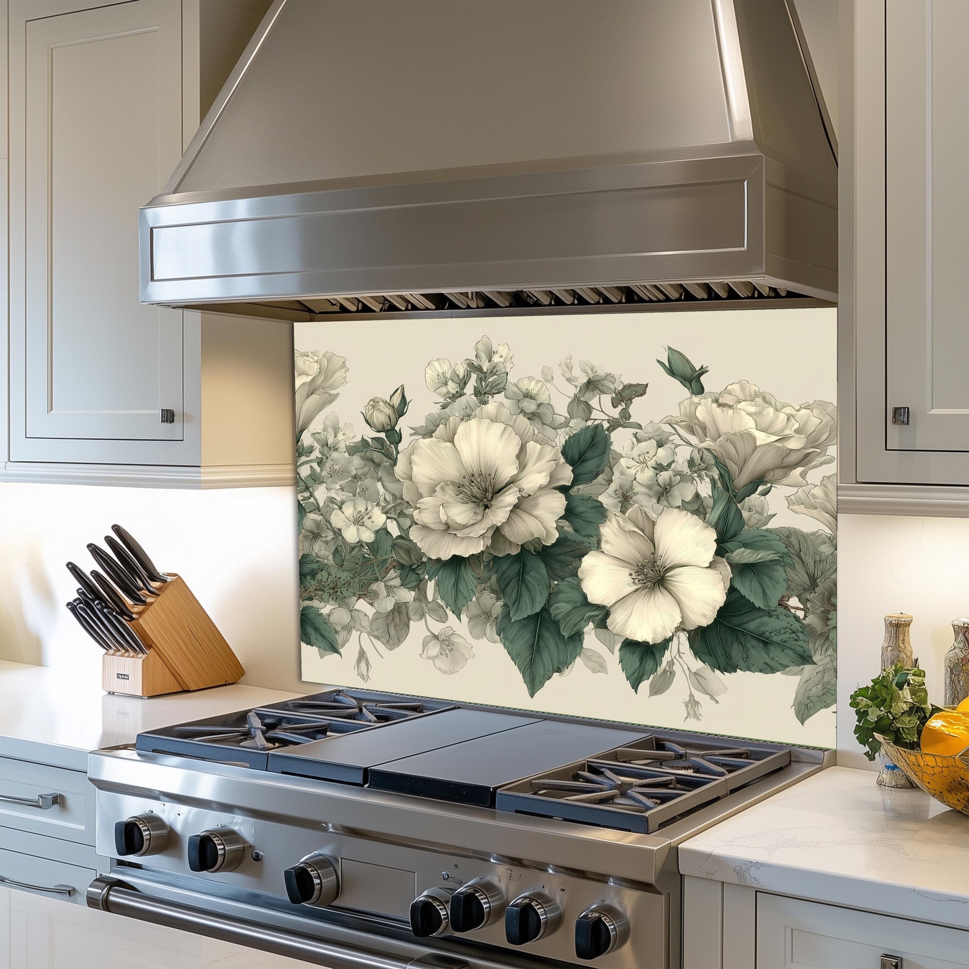 Ivory Floral Kitchen Backsplash, UV Printed Tempered Glass Wall Art, Custom Size Design