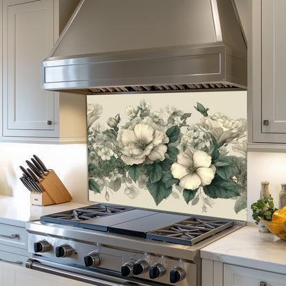 Ivory Floral Kitchen Backsplash, UV Printed Tempered Glass Wall Art, Custom Size Design