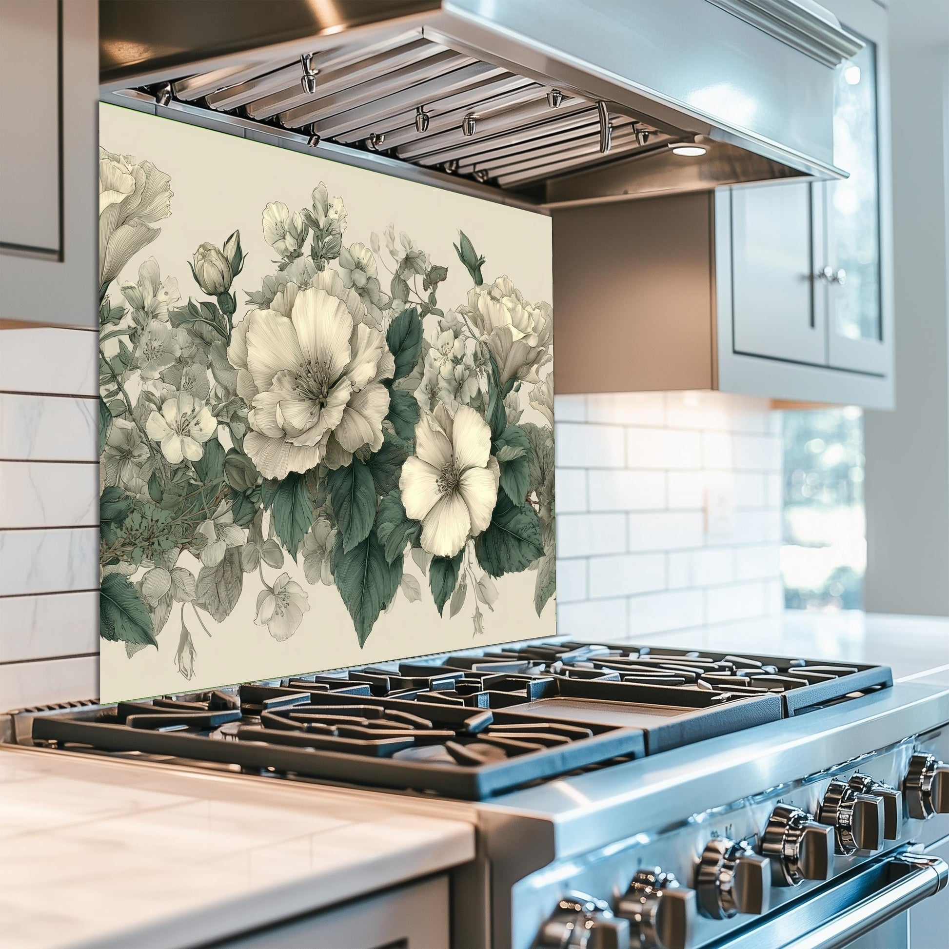 Ivory Floral Kitchen Backsplash, UV Printed Tempered Glass Wall Art, Custom Size Design
