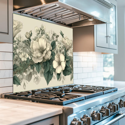 Ivory Floral Kitchen Backsplash, UV Printed Tempered Glass Wall Art, Custom Size Design