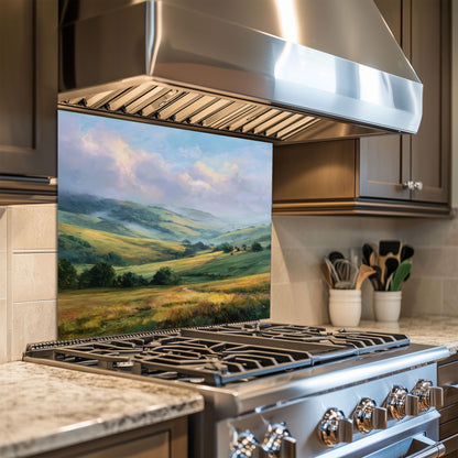 Rolling Green Hills Backsplash, Tempered Glass Kitchen Wall Art, Countryside Landscape Design