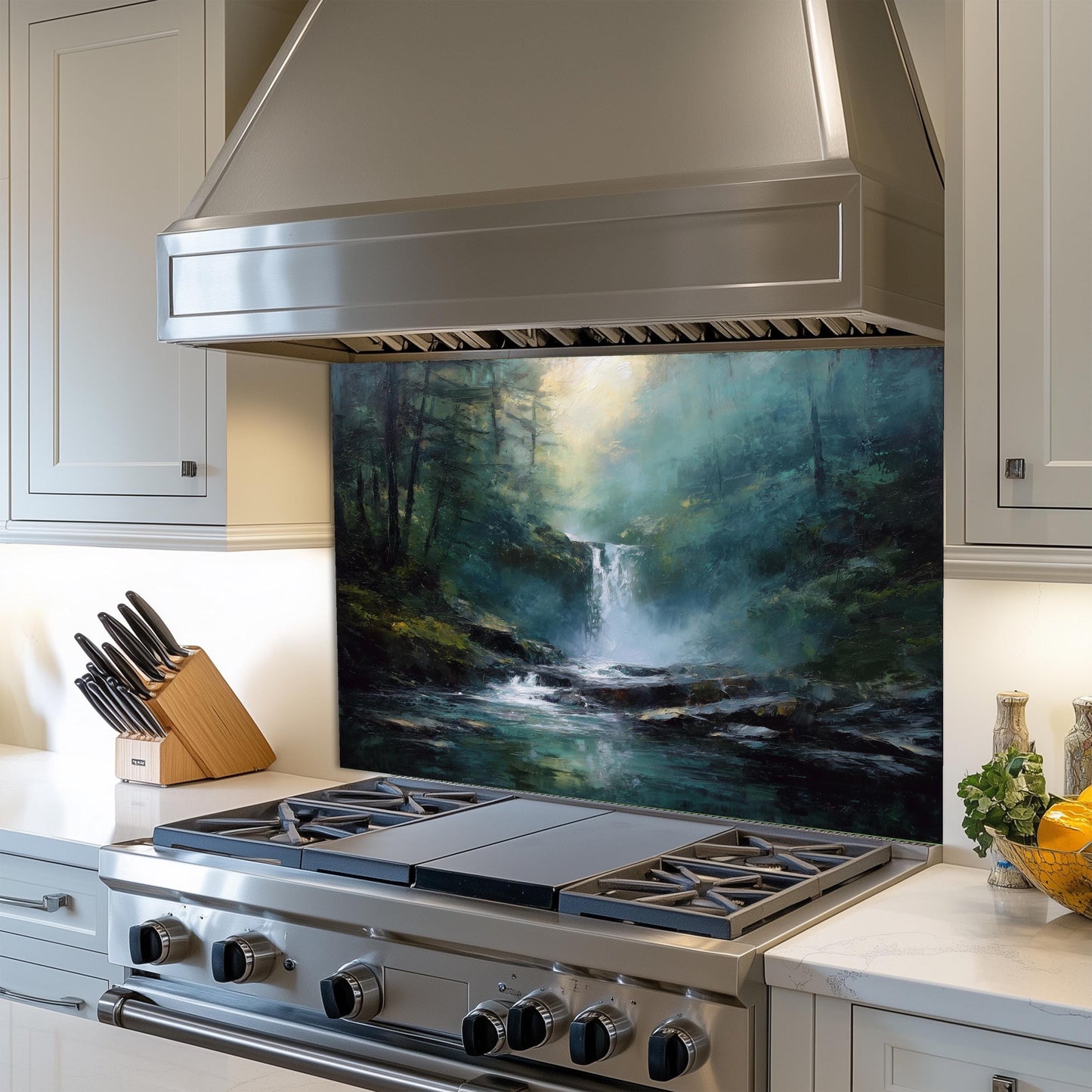 Waterfall Forest Kitchen Backsplash, Nature Landscape Tempered Glass Art, Custom Size Design
