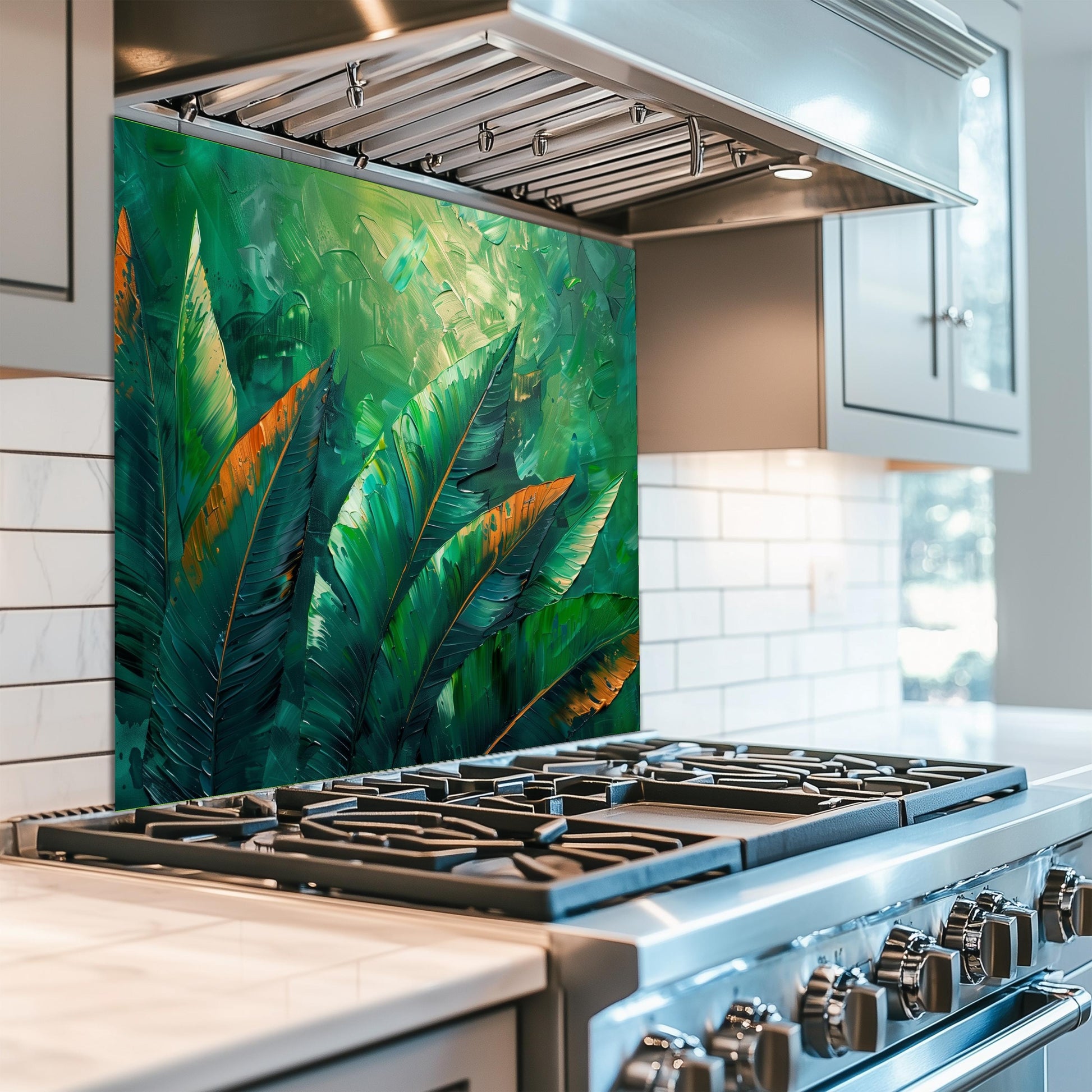 Tropical Jungle Leaf Kitchen Backsplash, UV Printed Tempered Glass Art, Custom Size Design