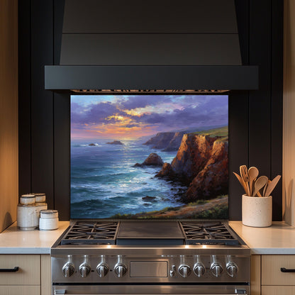 Coastal Cliff Ocean View Kitchen Backsplash, UV Printed Tempered Glass, Custom Size Design