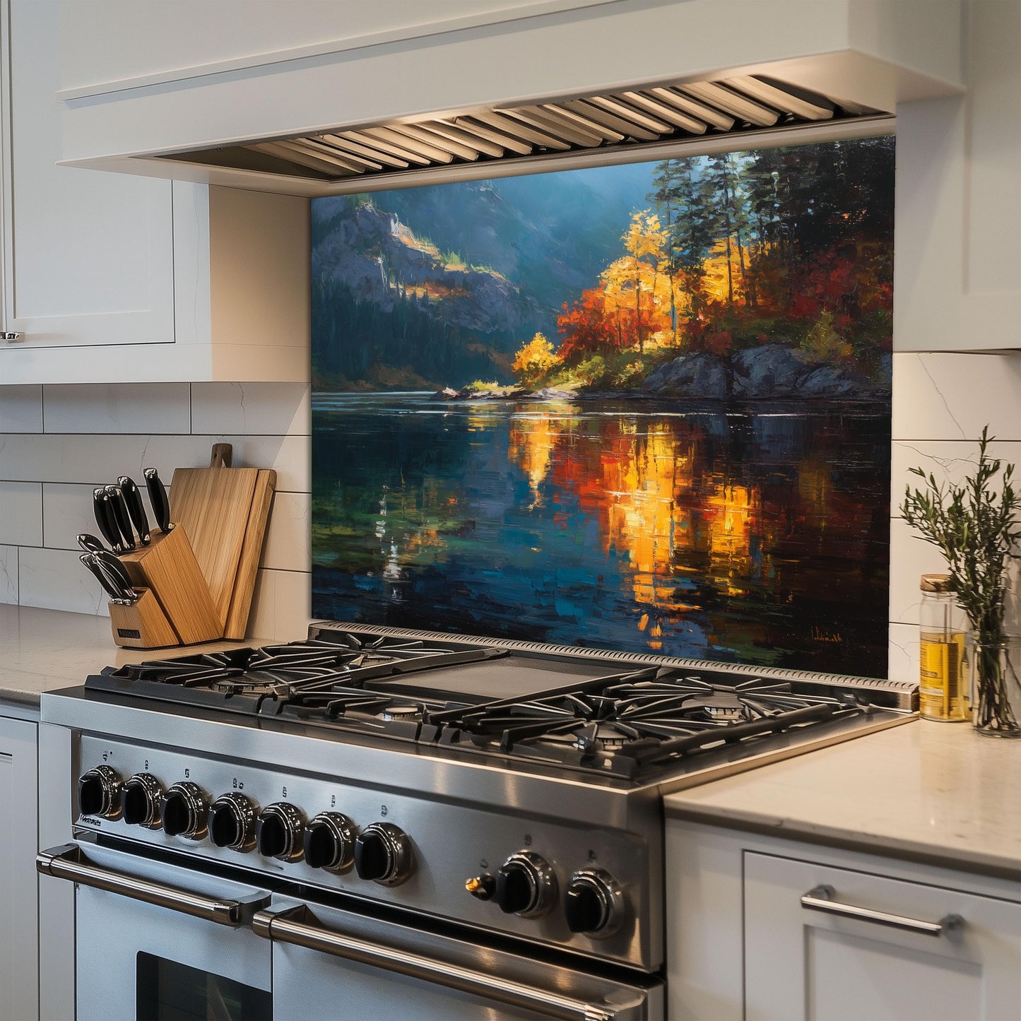 Autumn Lake Reflection Tempered Glass Backsplash - Colorful Forest Stove Panel
