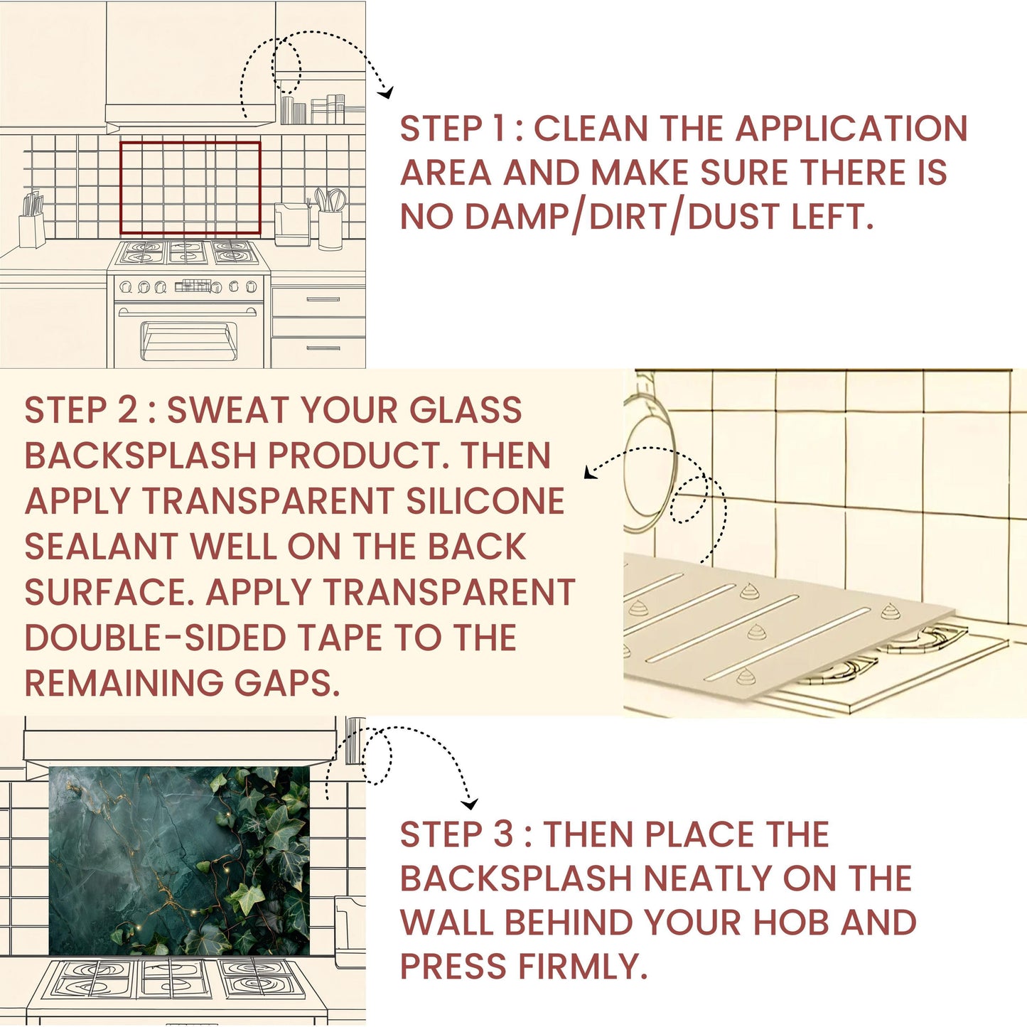 Emerald Green Marble ,Ivy Kitchen Backsplash – Tempered Glass Splashback with Gold Veins , Botanical Design
