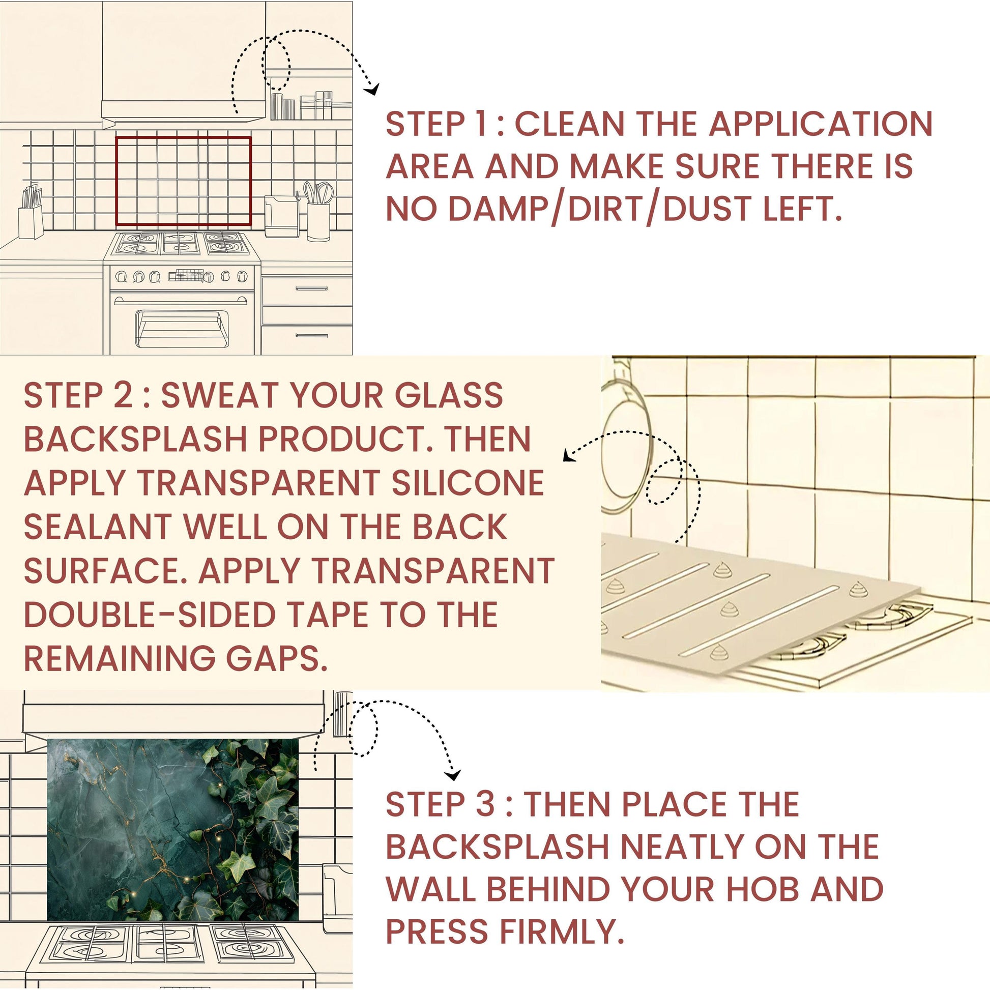 Emerald Green Marble ,Ivy Kitchen Backsplash – Tempered Glass Splashback with Gold Veins , Botanical Design