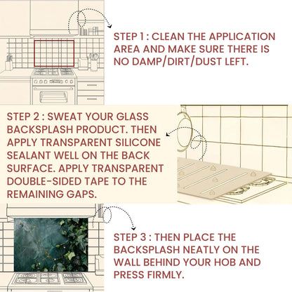 Emerald Green Marble ,Ivy Kitchen Backsplash – Tempered Glass Splashback with Gold Veins , Botanical Design