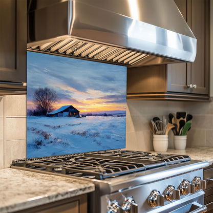 Winter Sunset Cabin Kitchen Backsplash - Tempered Glass Splashback for Stove - Snow Landscape Wall Panel -Glass Backsplash