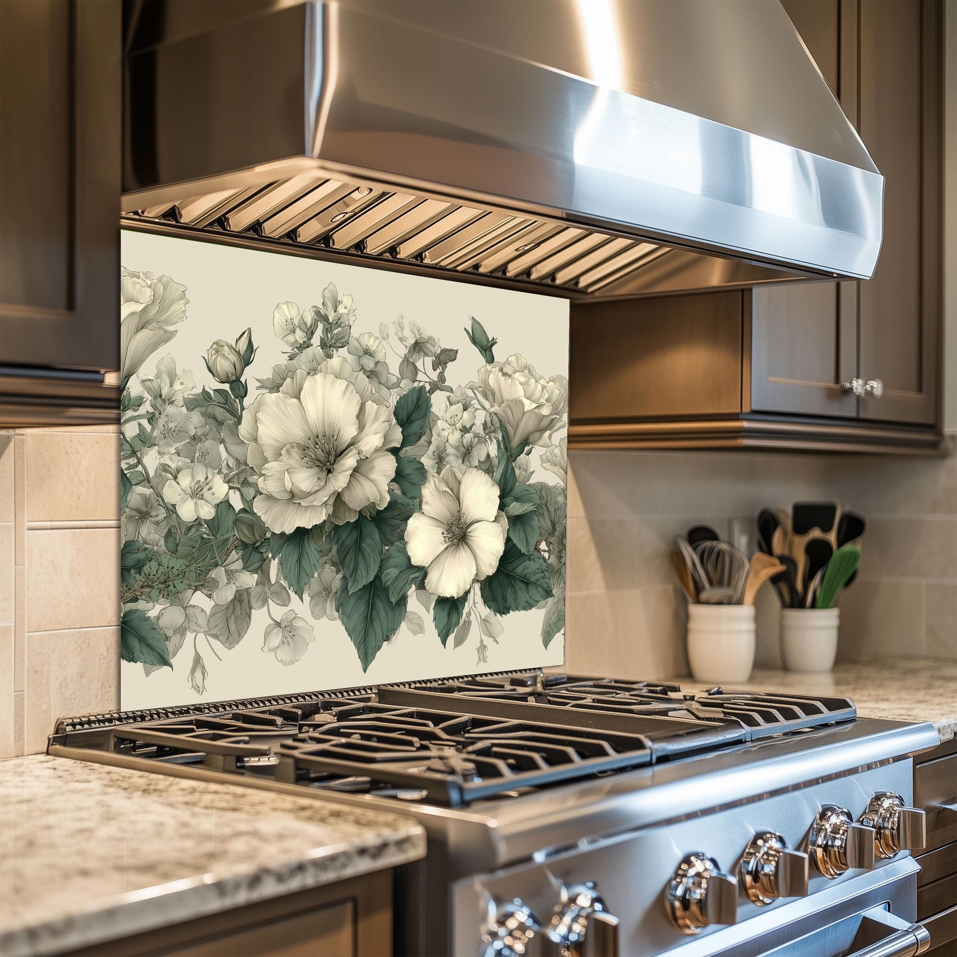 Ivory Floral Kitchen Backsplash, UV Printed Tempered Glass Wall Art, Custom Size Design