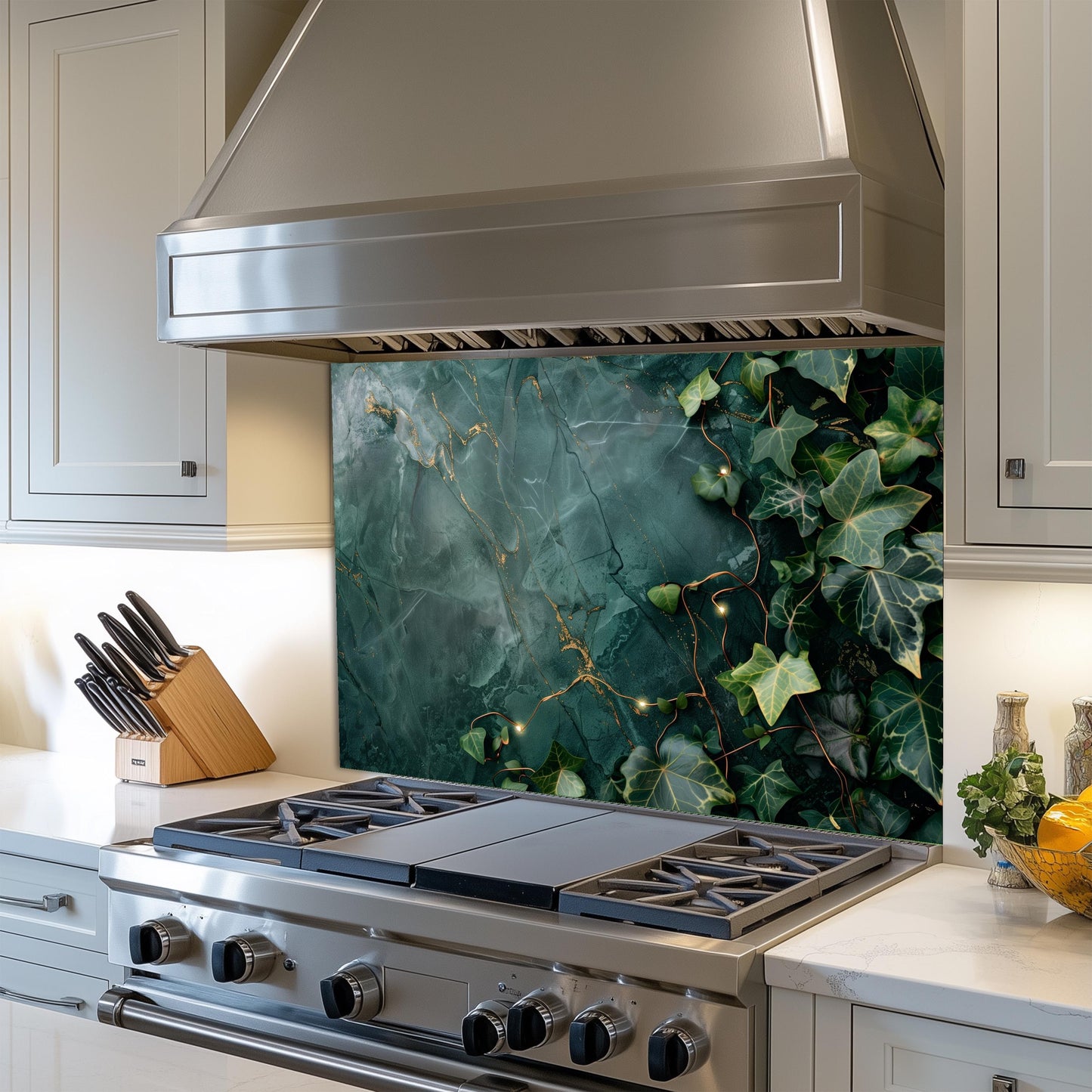 Emerald Green Marble ,Ivy Kitchen Backsplash – Tempered Glass Splashback with Gold Veins , Botanical Design