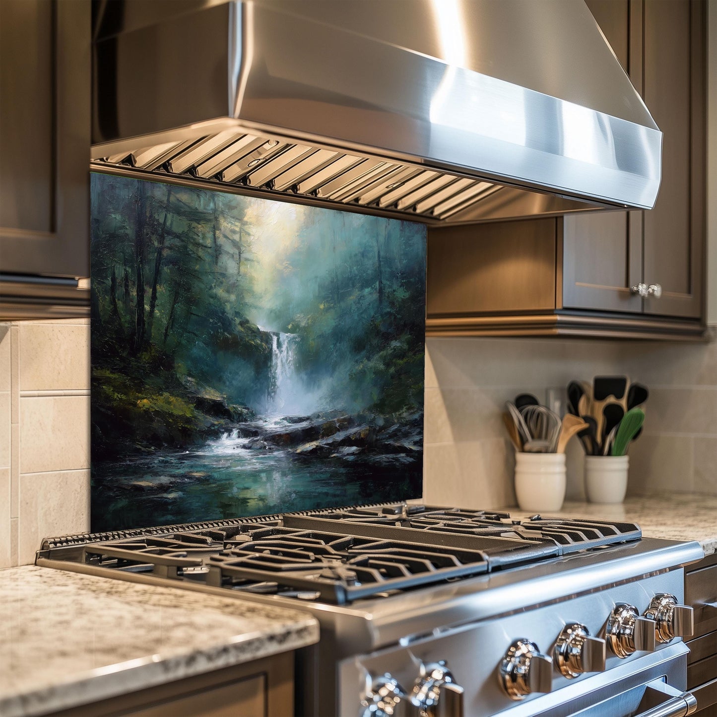 Waterfall Forest Kitchen Backsplash, Nature Landscape Tempered Glass Art, Custom Size Design