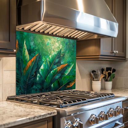 Tropical Jungle Leaf Kitchen Backsplash, UV Printed Tempered Glass Art, Custom Size Design