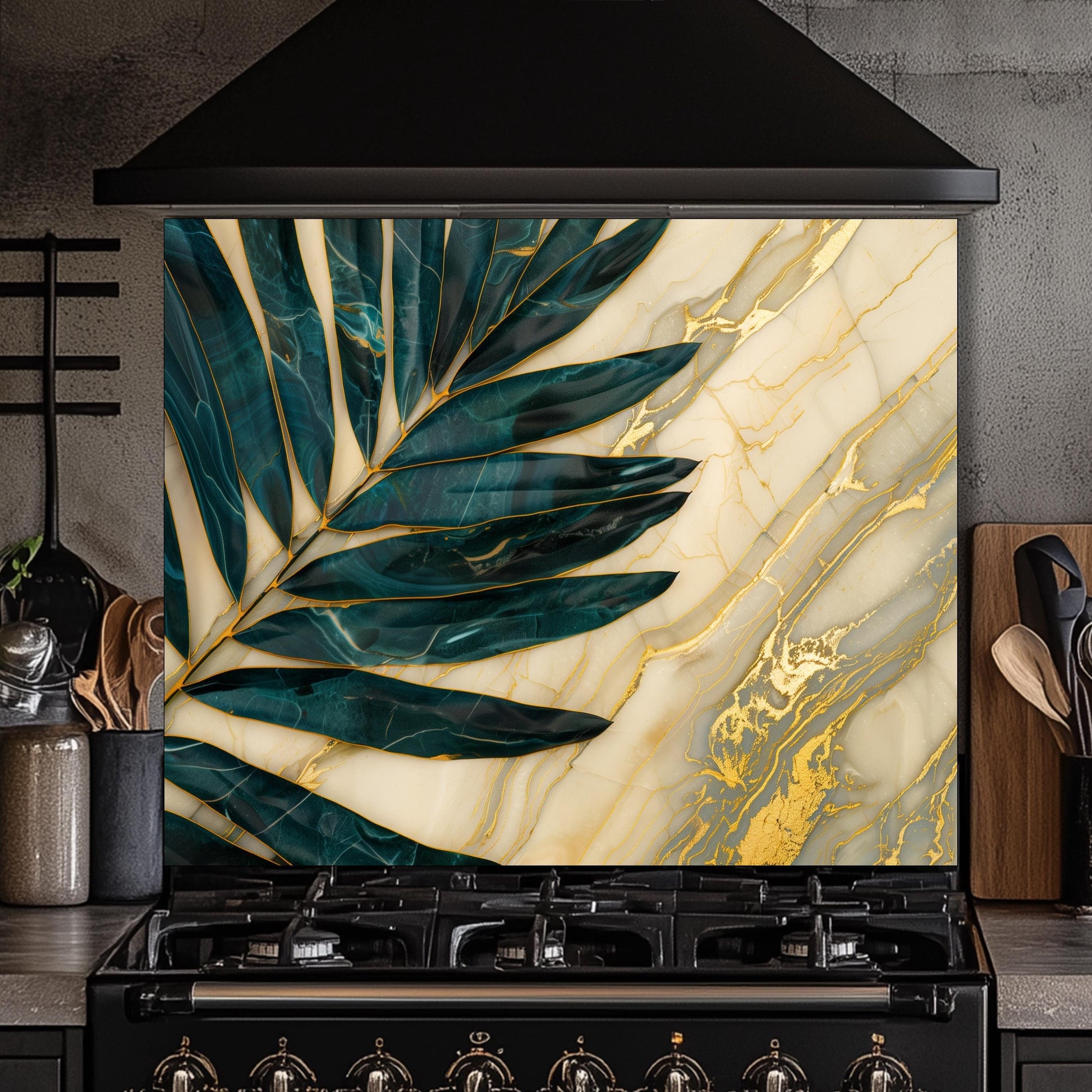 Green Palm Leaf Marble Glass Backsplash, Tropical Tempered Glass Art, Custom Size Design