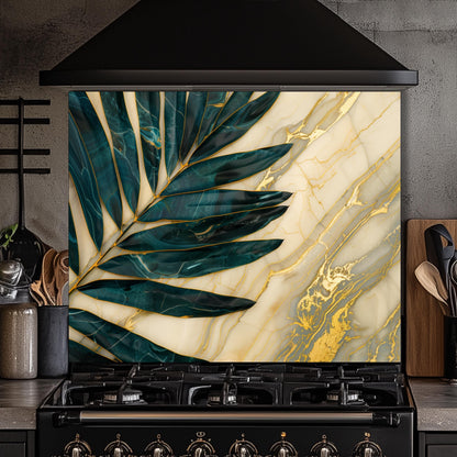 Green Palm Leaf Marble Glass Backsplash, Tropical Tempered Glass Art, Custom Size Design