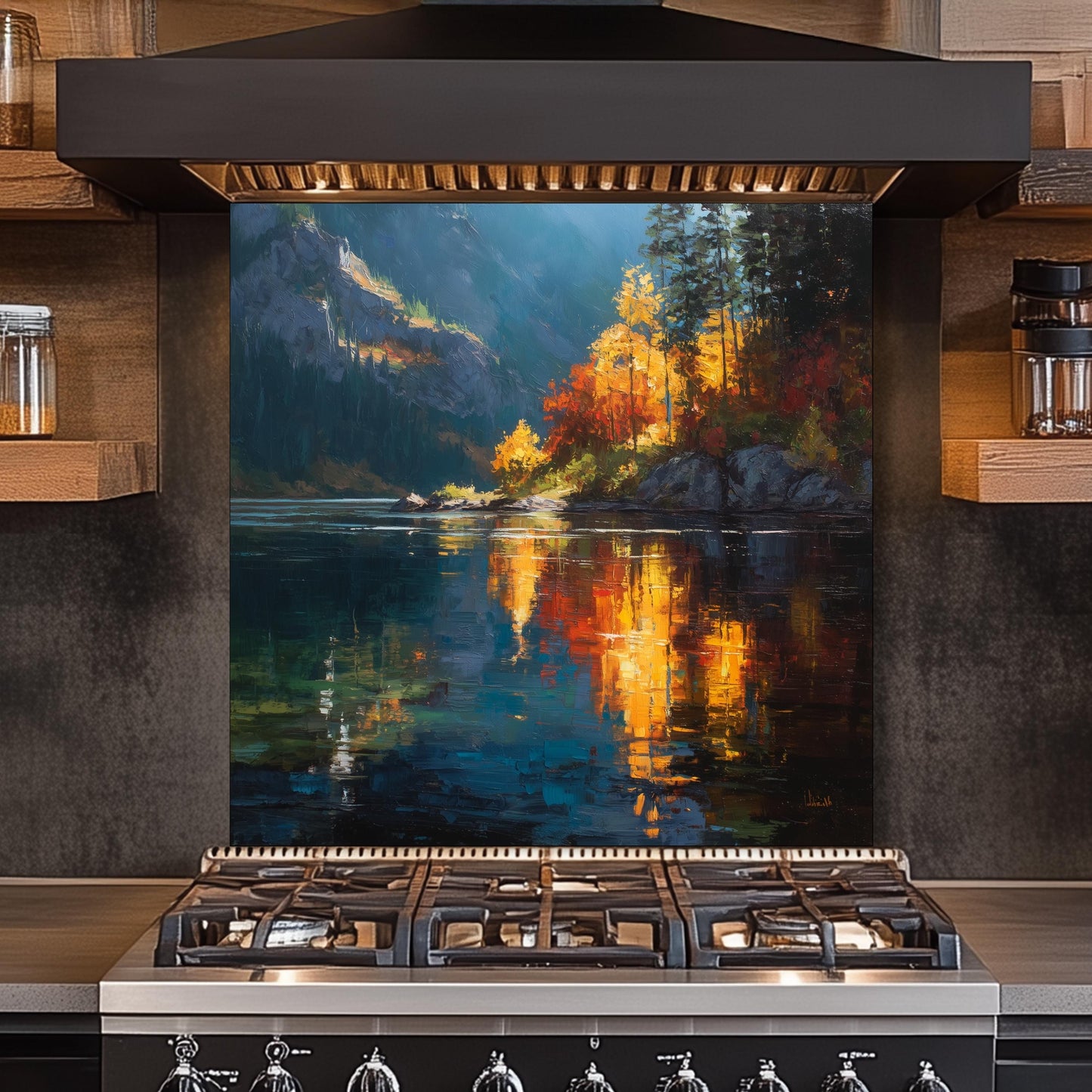 Autumn Lake Reflection Tempered Glass Backsplash - Colorful Forest Stove Panel