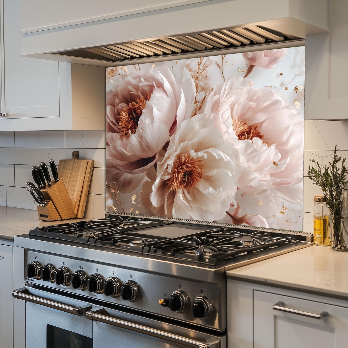 White Peony Floral Kitchen Backsplash, UV Printed Tempered Glass Art, Custom Size Design