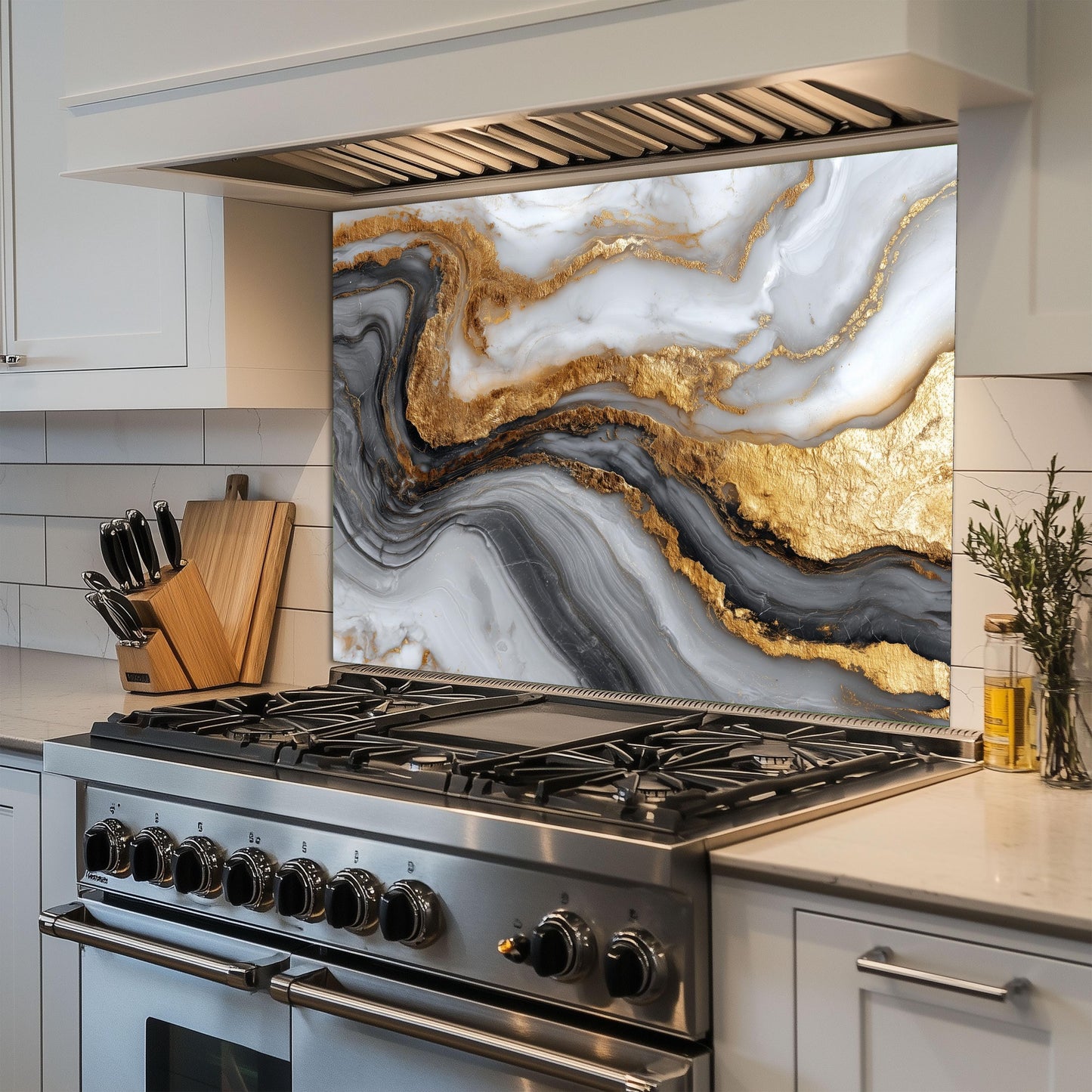 Gold Veined Marble Kitchen Backsplash, Luxury UV Printed Tempered Glass, Custom Size Design