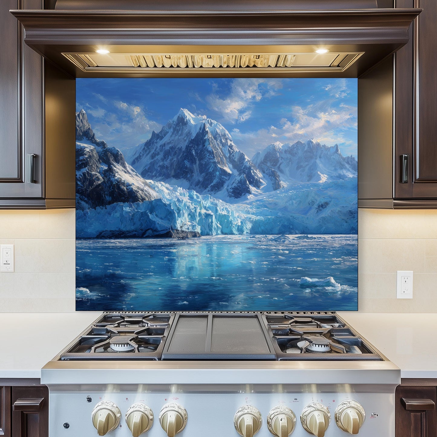 Arctic Mountain Glacier Kitchen Backsplash, UV Printed Tempered Glass, Custom Size Design