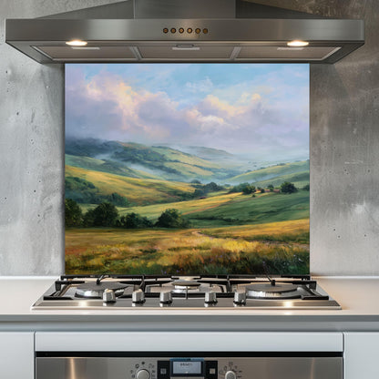 Rolling Green Hills Backsplash, Tempered Glass Kitchen Wall Art, Countryside Landscape Design