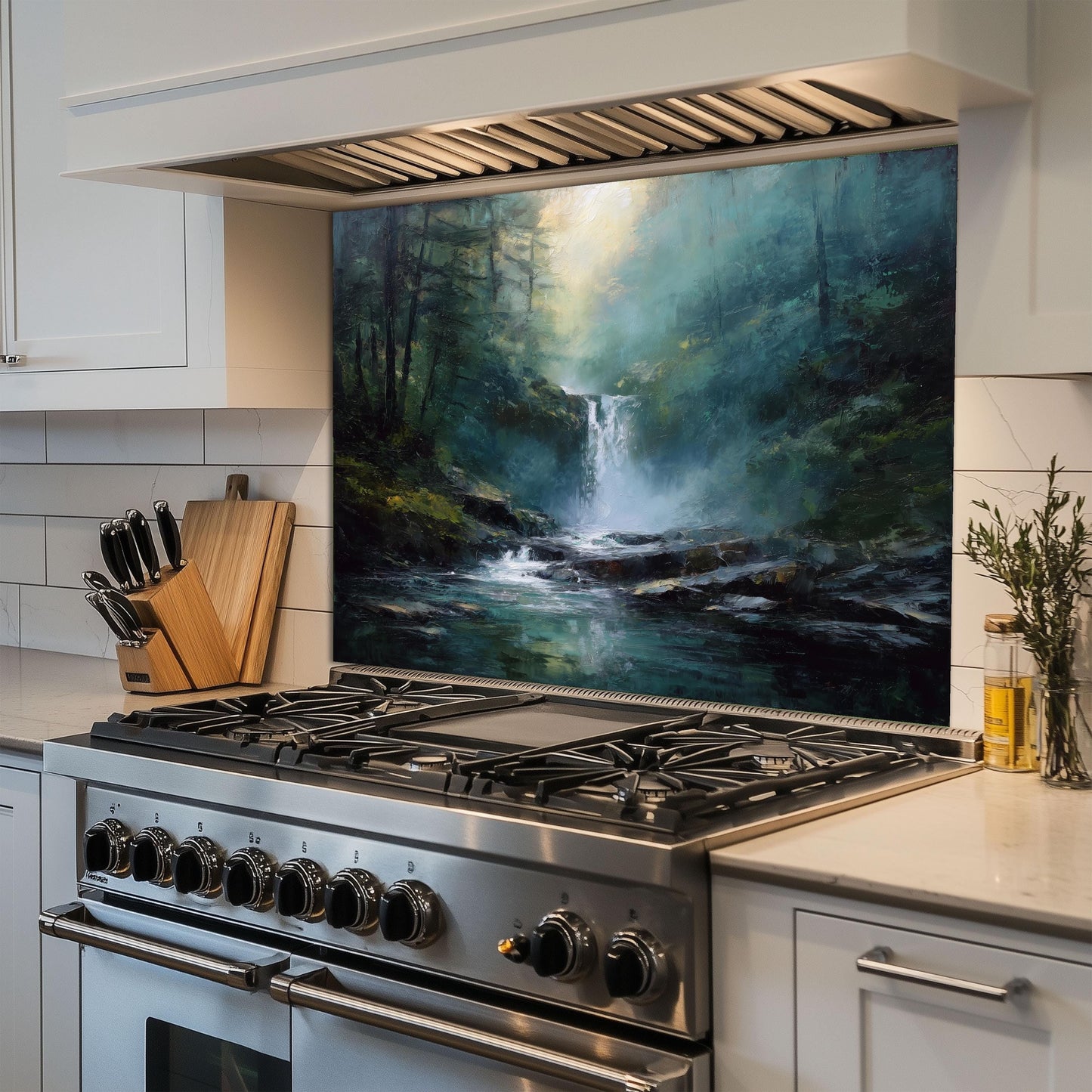 Waterfall Forest Kitchen Backsplash, Nature Landscape Tempered Glass Art, Custom Size Design